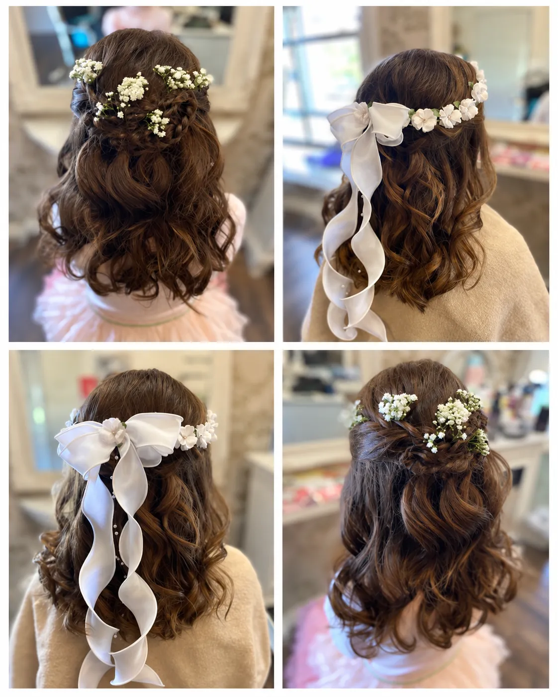 Occasion hair by Edita: half-up curls with flowers and ribbon